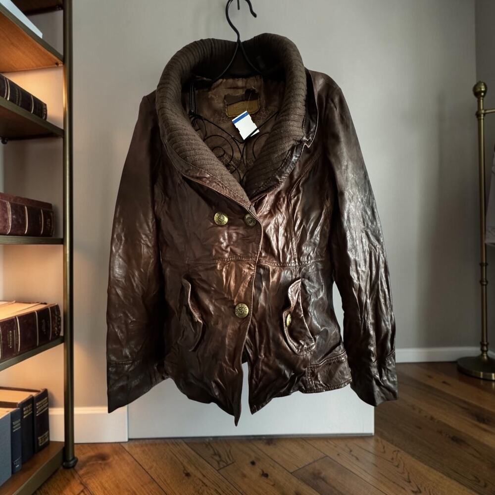 Vintage Guess Genuine Leather Jacket Women’s Small Brown Shawl Collar Leather